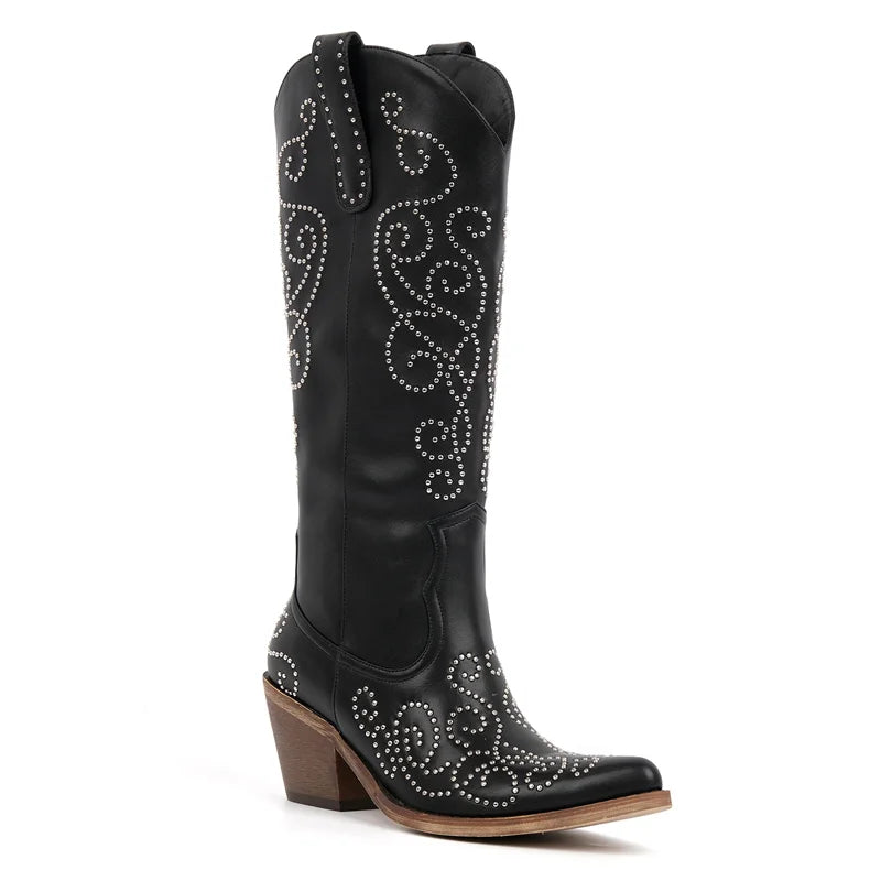 Onlymaker Women Pointed Toe Rivet Knee High Western Cowgirl Chunky Heel Embroidery Pull On Cowboy Boots