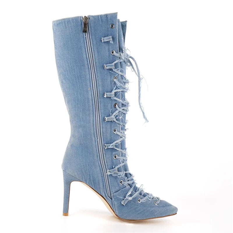 Women Pointed Toe Denim Strappy Retro Mid Calf Boots Side Zipper Thin High Heels Sexy Party Lace-up Stilettos Modern