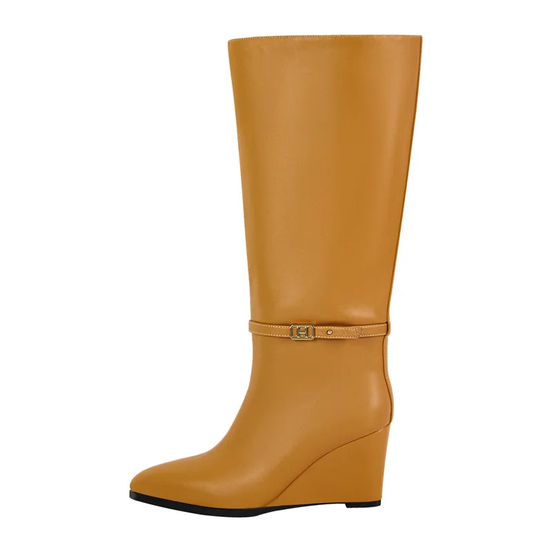 Onlymaker Women Pointed Toe Matte Wedge High Heel Knee High Boots Fall Winter Side Zipper Sexy Party Boots
