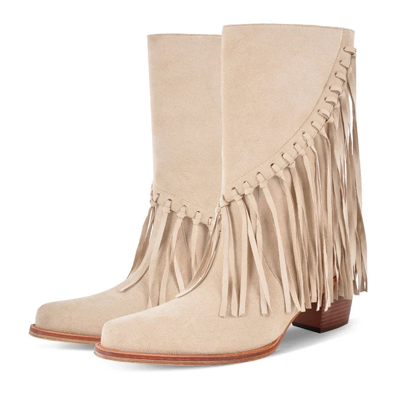 Onlymaker Women Pointed Toe Pull-on Knee High Fringe Cowgirl Boots Comfy Pull On Mid Calf Western Boots