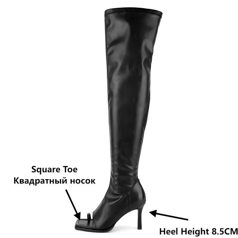 Onlymaker Women Square Toe Over knee Boots  Side Zipper Heel High Sexy Thigh Boots