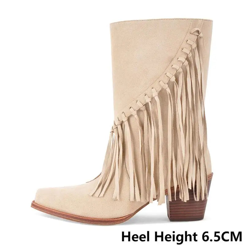 Onlymaker Women Pointed Toe Pull-on Knee High Fringe Cowgirl Boots Comfy Pull On Mid Calf Western Boots