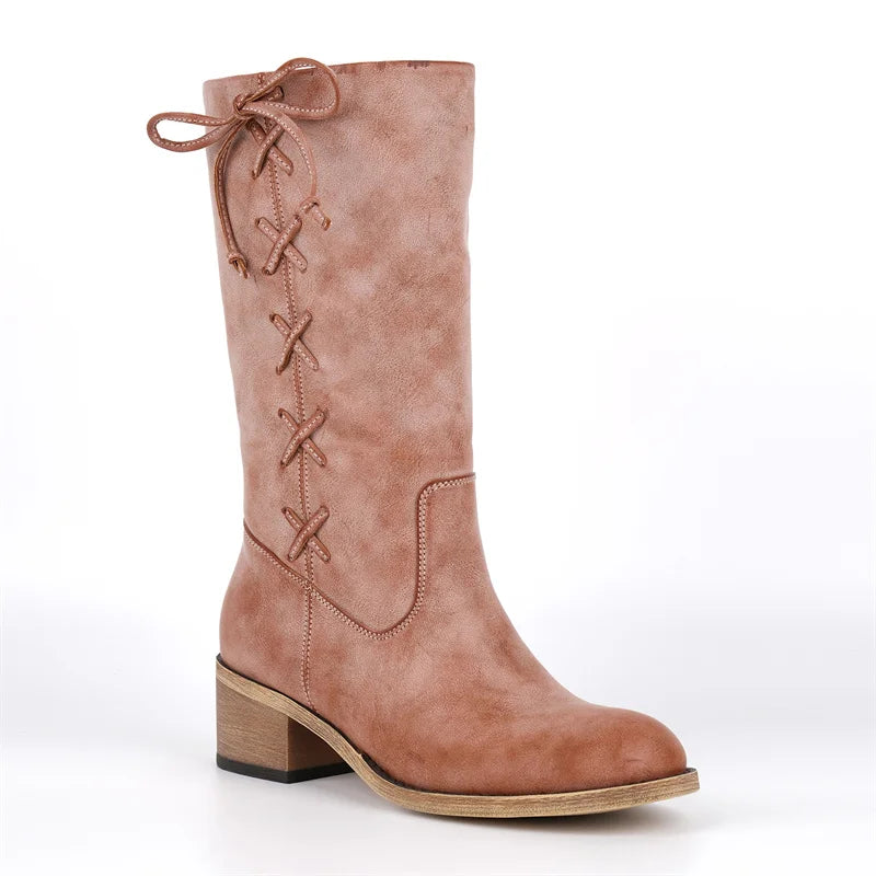 Onlymaker Round Toe Faux Suede Leather Knee-high Boots Chunky Heel Shoes Autumn Solid Slip On Fashion Elegant Boots