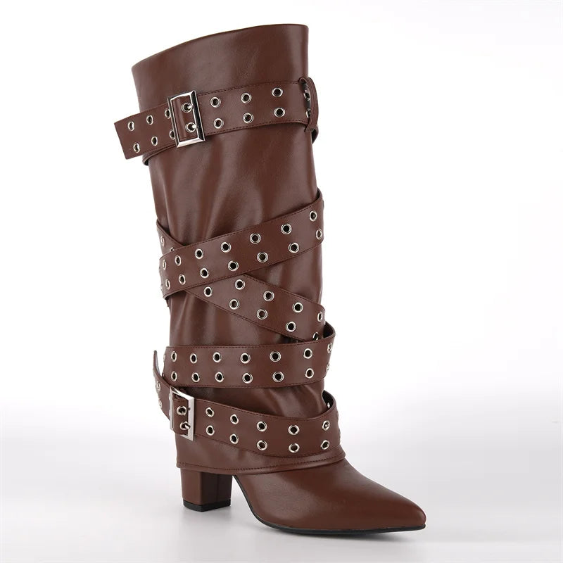 Pointed Toe Fold Over Buckle Strap Mid-Calf Boots Chunky Heel Shoes Autumn Solid Pull On Fashion Elegant Boots