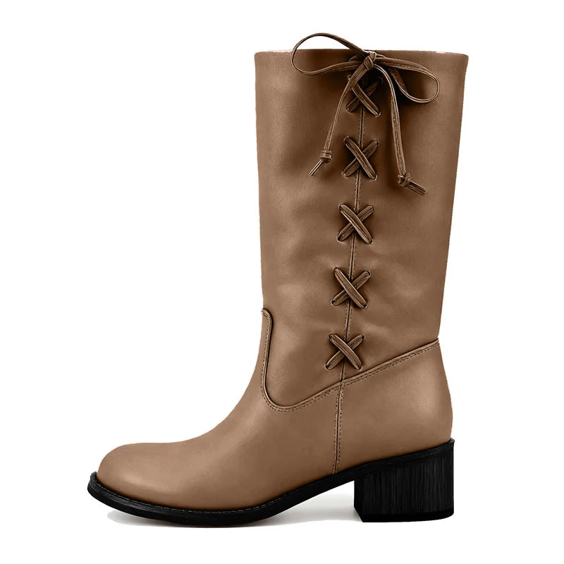 Onlymaker Round Toe Faux Suede Leather Knee-high Boots Chunky Heel Shoes Autumn Solid Slip On Fashion Elegant Boots