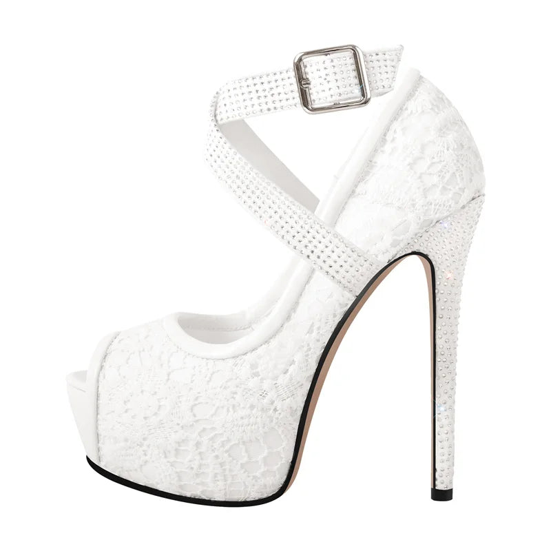 Peep Toe Platform Lace Floral  Mesh High Heels Thin High Heels Slip On Ankle Strap Women Pumps