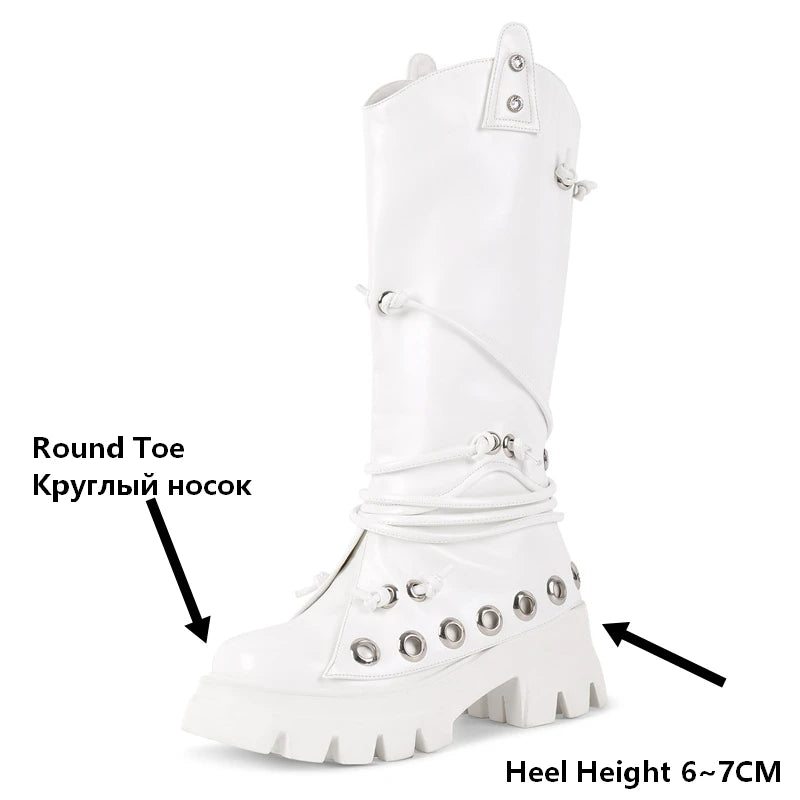 Women Platform Round Toe Studded Chunky Heel Knee High Boots Pull On Mid Calf Chunky Heel Punk Boots