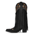 Onlymaker Women Pointed Toe Embroidery Fringe Pull On Retro Western Cowgirl Boots Fringed Chunky Heel Cowboy Boots