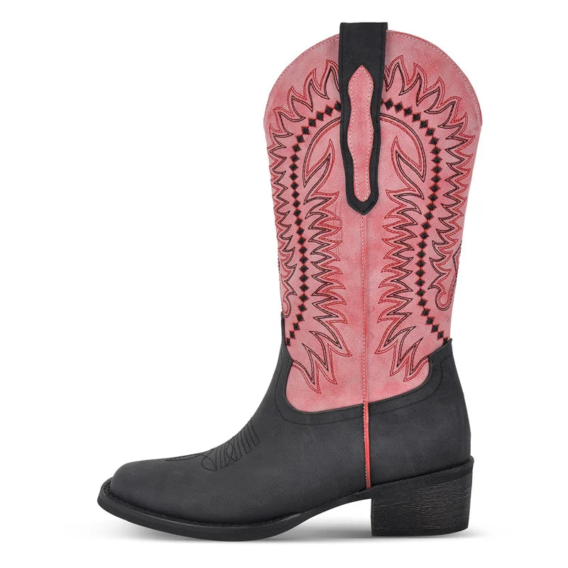 Women Square Toe Western Cowboy Boots  Embroidered Mid--Calf  Block Heel Fashionr Cowgirl Boots