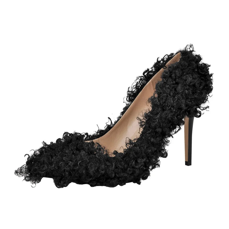 Women Pumps Brown Faux Fur  Pointed Toe 10CM Slip-On Thin Heels Party Wedding Office Lady Big Size Shoes