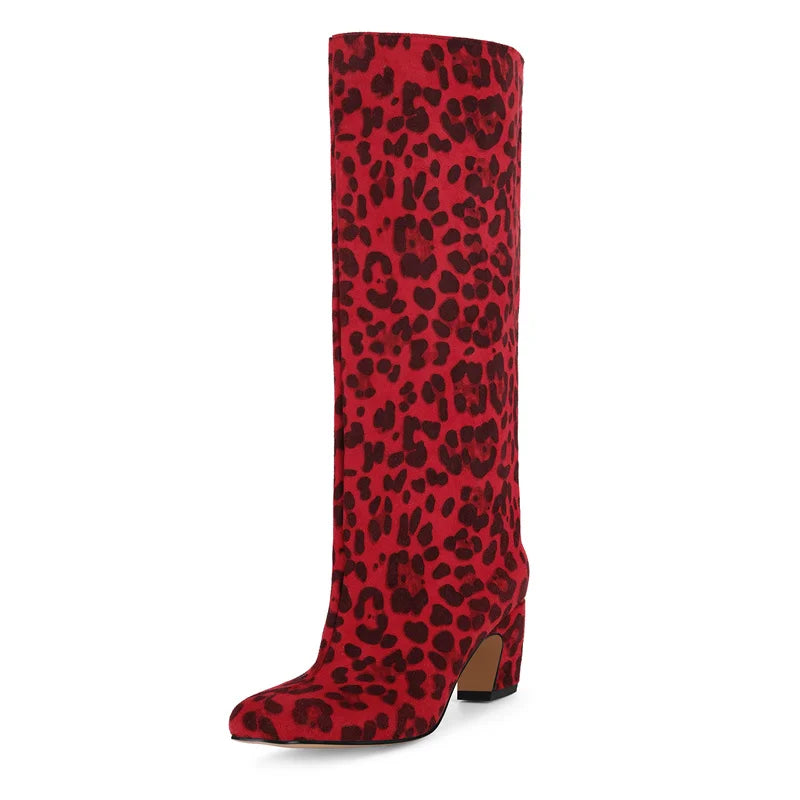 Onlymaker Square Toe Leopard Faux Suede Leather Knee-high Boots Chunky Heel Autumn Solid Slip On Fashion Elegant Boots
