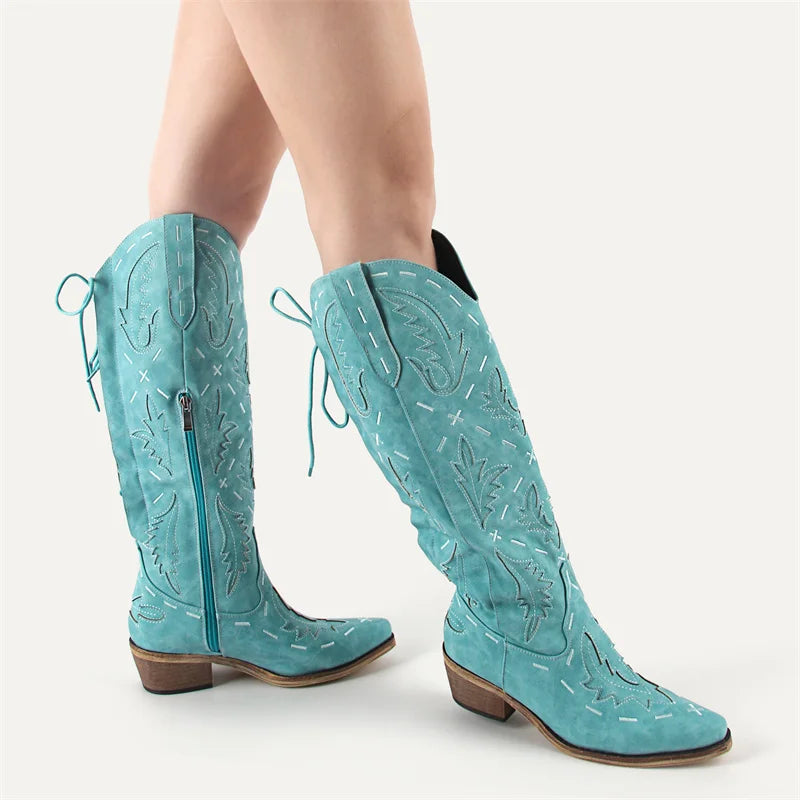 Onlymaker Women Cowgirl Boots Embroidery Lace-up Knee High Wide Calf Western Cowboy Boots