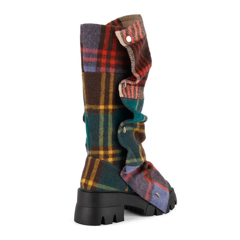 Onlymaker Women Platform Fold Over Boots Block Heel Round Toe Western Pull on Fashion Mid-Calf Female Boots