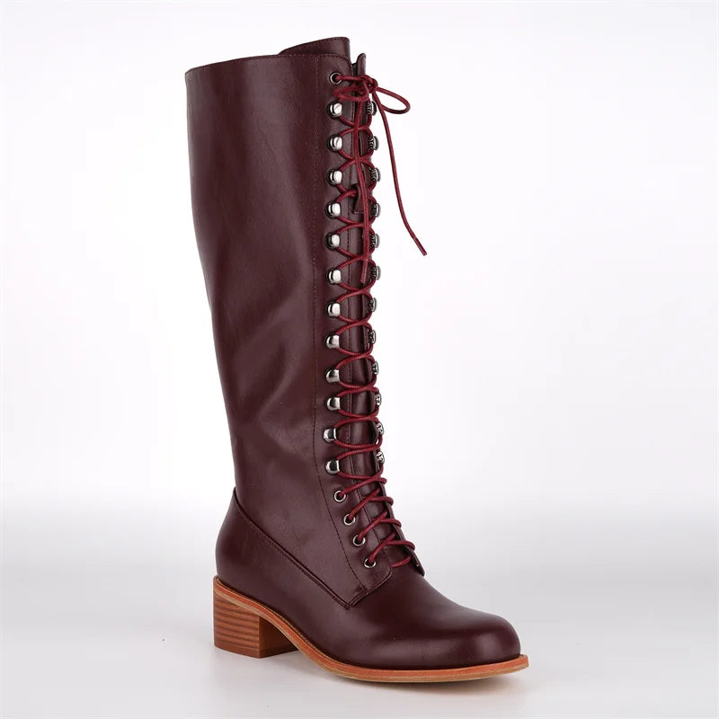 Onlymaker Women Square Toe Knee High Boots Black Matte Gothic Heeled Concise Side Zipper Winter Lace UP Motorcycle Boots