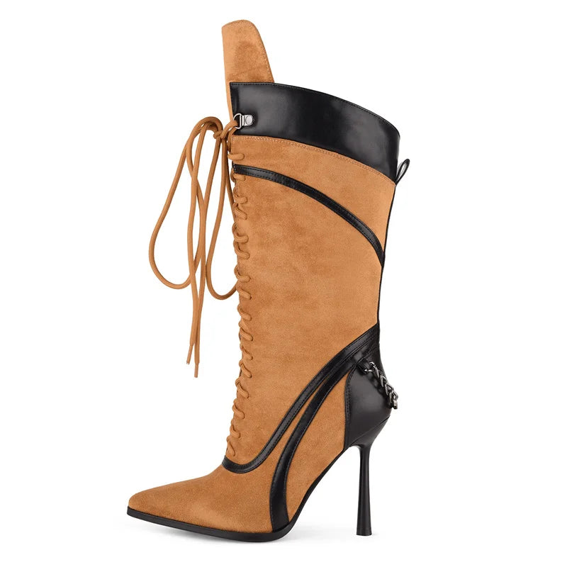 Onlymaker Women Pointed Toe Double Stiletto High Heel Lace Up Mid-Calf Boots Fashion Sexy Lace Up Strappy Knee High Boots
