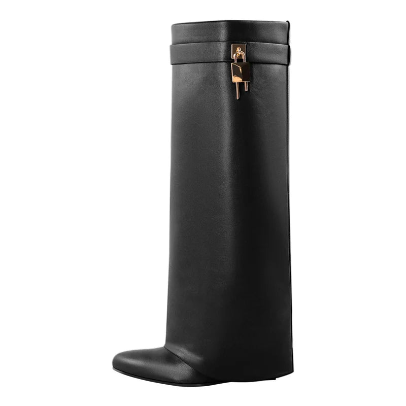 Onlymaker Women Shark Lock Pants Boots Women Wedge Brand Fold Knee High Heel Black Red Female Boots