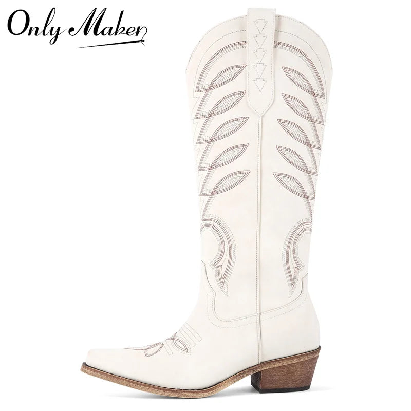 Onlymaker Women's Western Embroidery Cowgirl Boots Pointed Toe Side Zipper Knee High with Chunky Heel  Boots