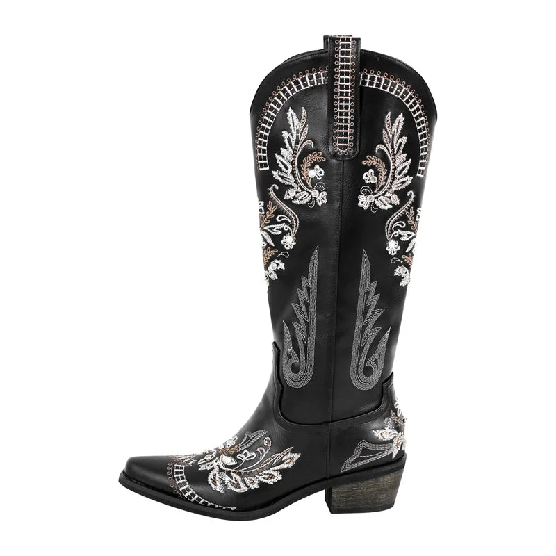 Onlymaker Women Pointed Toe Embroidered White Western Cowboy Boots Block Heel Pull-On Cowgirl Booties