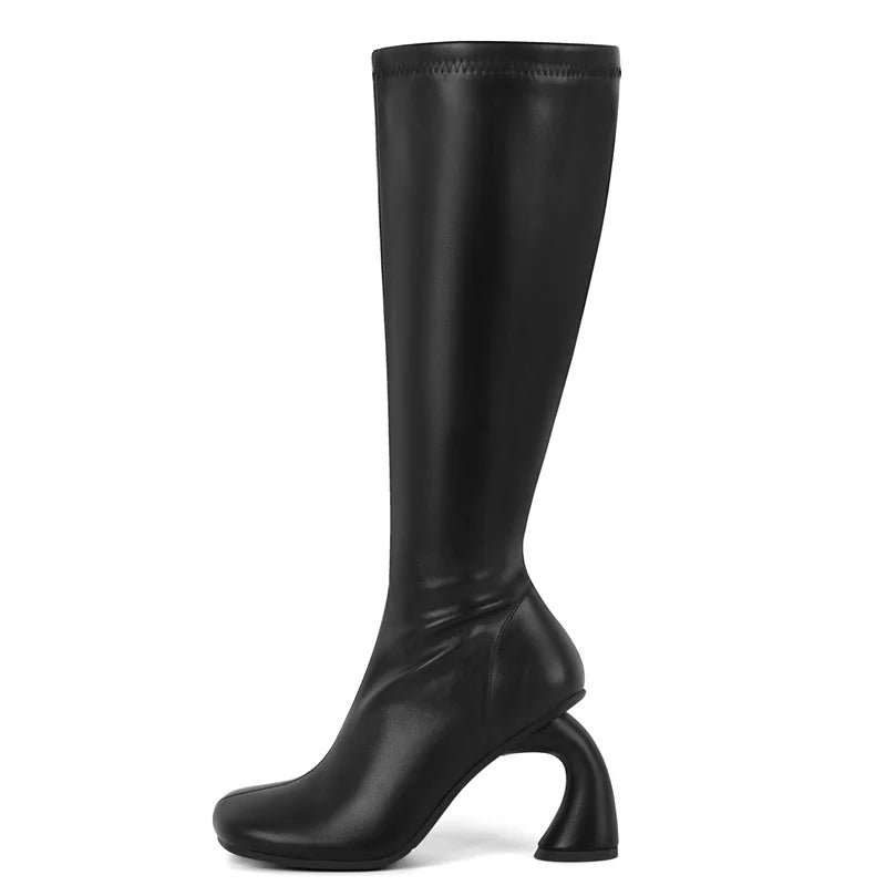 Onlymaker Women Square Toe The Knee Boots Side Zipper Shaped Heel High Boots