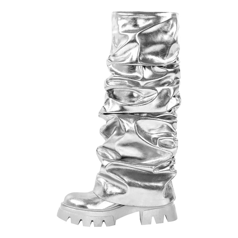 Onlymaker Women Green Round Toe Fold Over Boots Webs Fashion Handmade Female Mid-Calf Boots