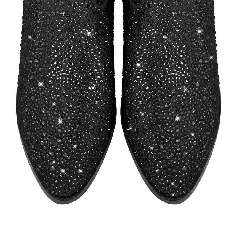 Women Knee High Boots Rhinestone Booties Glitter Bling Western Pointed Toe Block Heel Pull-On Cowgirl Booties