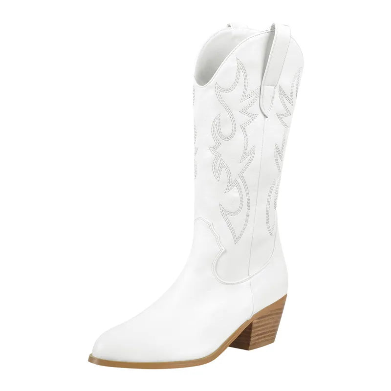 Women Pointed Toe White Embroidery Tapered Heel Round Up  Mid-Calf Big Size Western Cowboy Boots