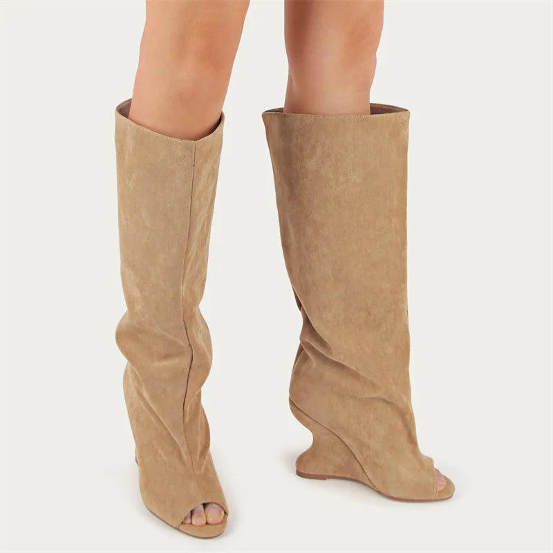 Onlymaker Women Peep Toe Wedge Flock Fashion Chunky Boots