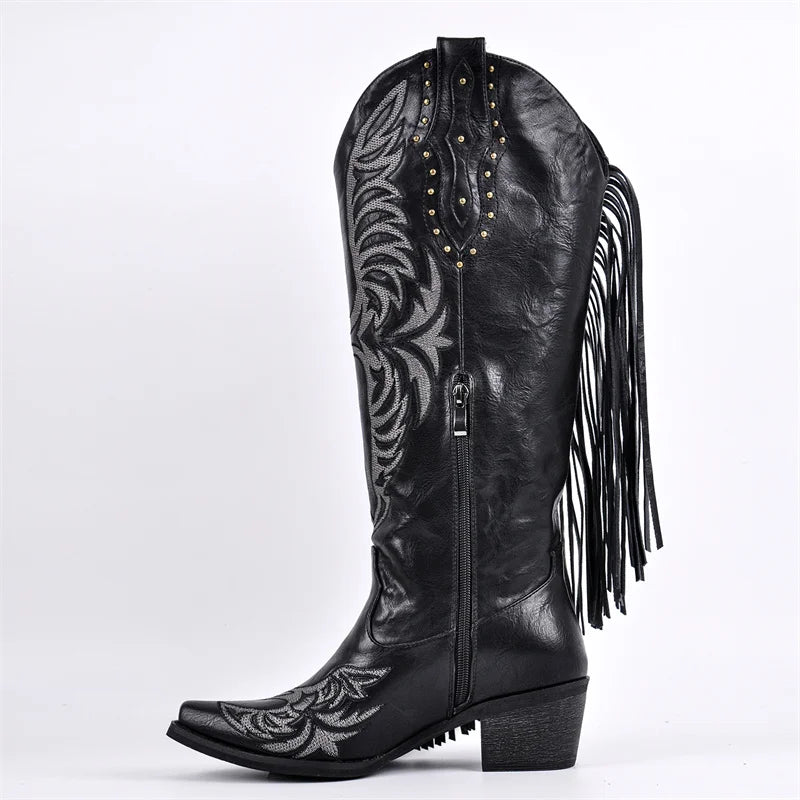 Onlymaker Women Pointed Toe Fringe Side Zipper Western Cowgirl Boots Chunky Heel Cowboy Boots
