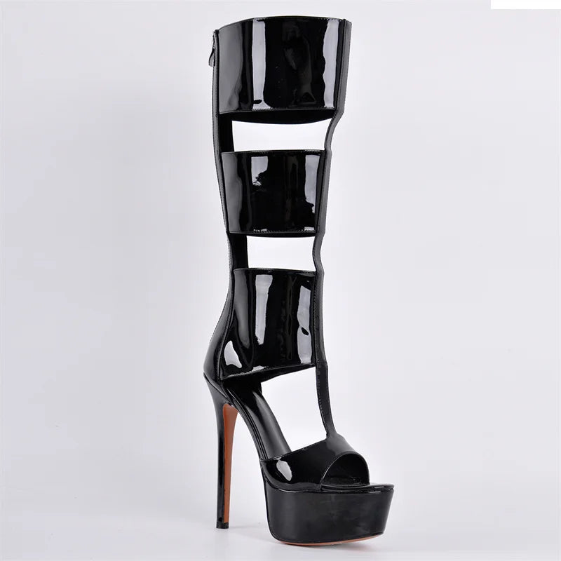 Onlymaker Women Platform Patent Leather Zipper Knee High Boots Sexy Thin High Heel Hollow Gladiator Cutout  Boots Sandals