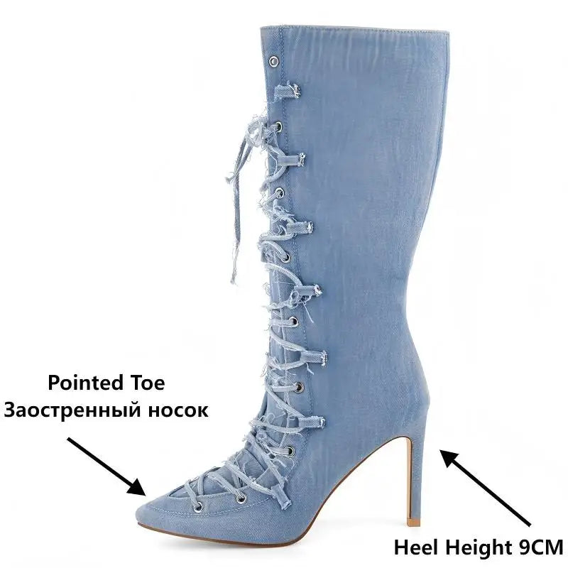 Women Pointed Toe Denim Strappy Retro Mid Calf Boots Side Zipper Thin High Heels Sexy Party Lace-up Stilettos Modern