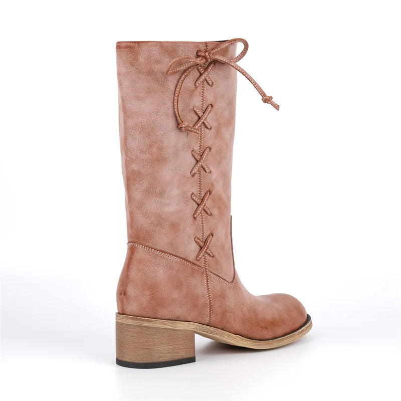 Onlymaker Round Toe Faux Suede Leather Knee-high Boots Chunky Heel Shoes Autumn Solid Slip On Fashion Elegant Boots