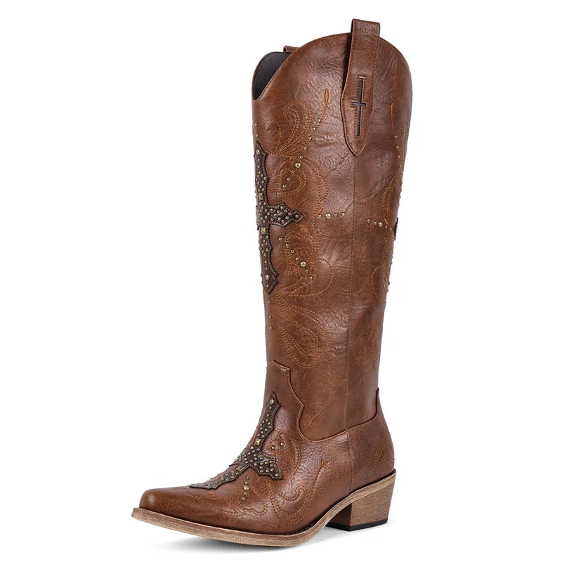 Onlymaker Women Pointed Toe Rivet Pull On Knee High Embroidery Western Cowgirl Boots Chunky Heel Embroidery Cowboy Boots
