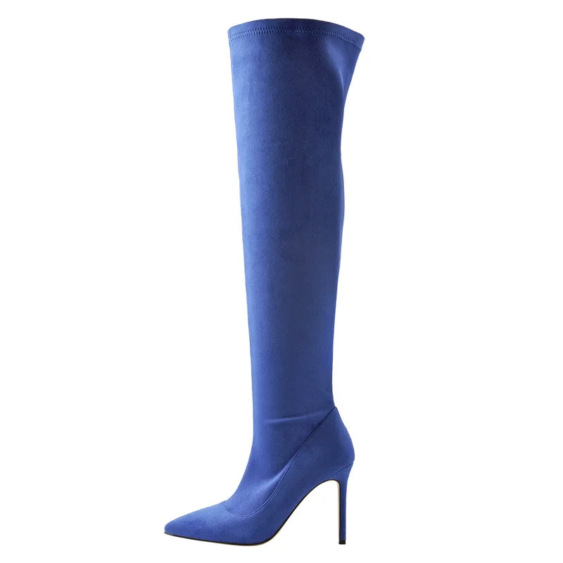 Onlymaker Women Pointed Toe Over the Knee Stretch High Boots Thin High Heel Stiletto Flock Zip Big Size Fashion Woman Boots