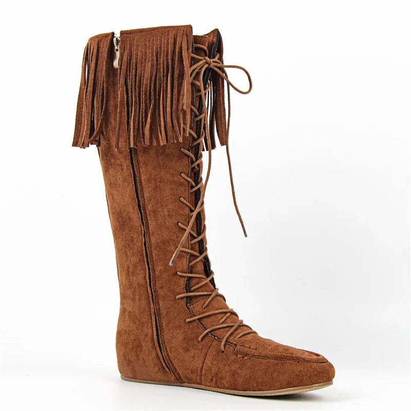 Women Round Toe Lace Up Faux Suede Fringe Knee High Boot Side Zipper Chuny Heel Flat Boots