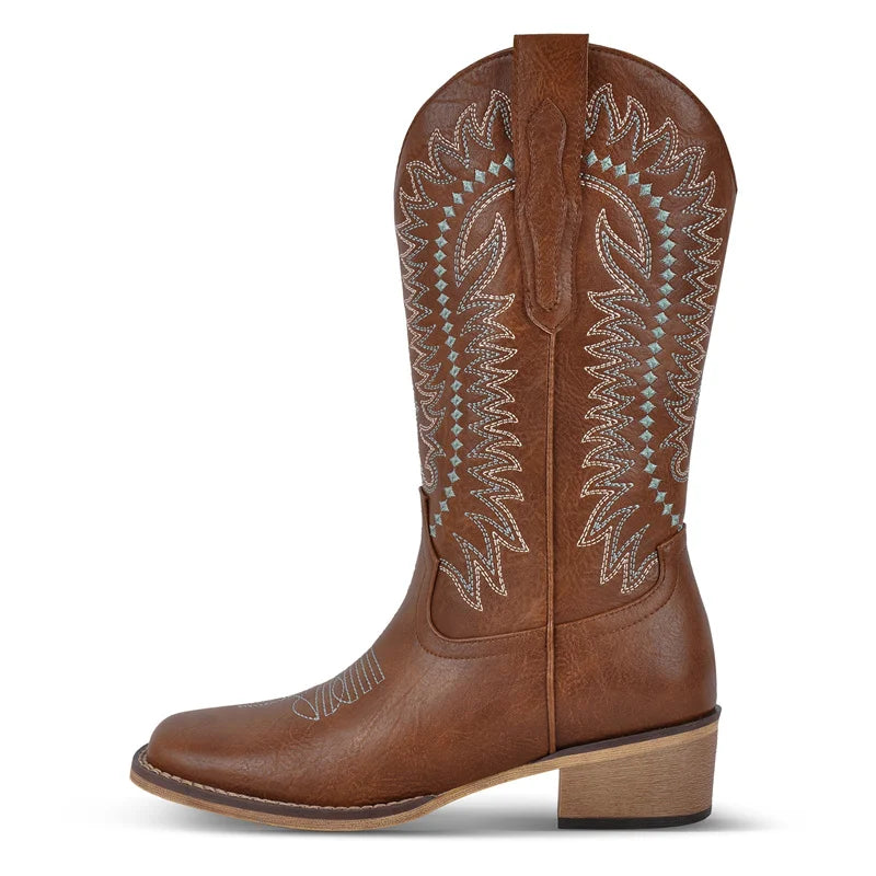 Women Square Toe Western Cowboy Boots  Embroidered Mid--Calf  Block Heel Fashionr Cowgirl Boots