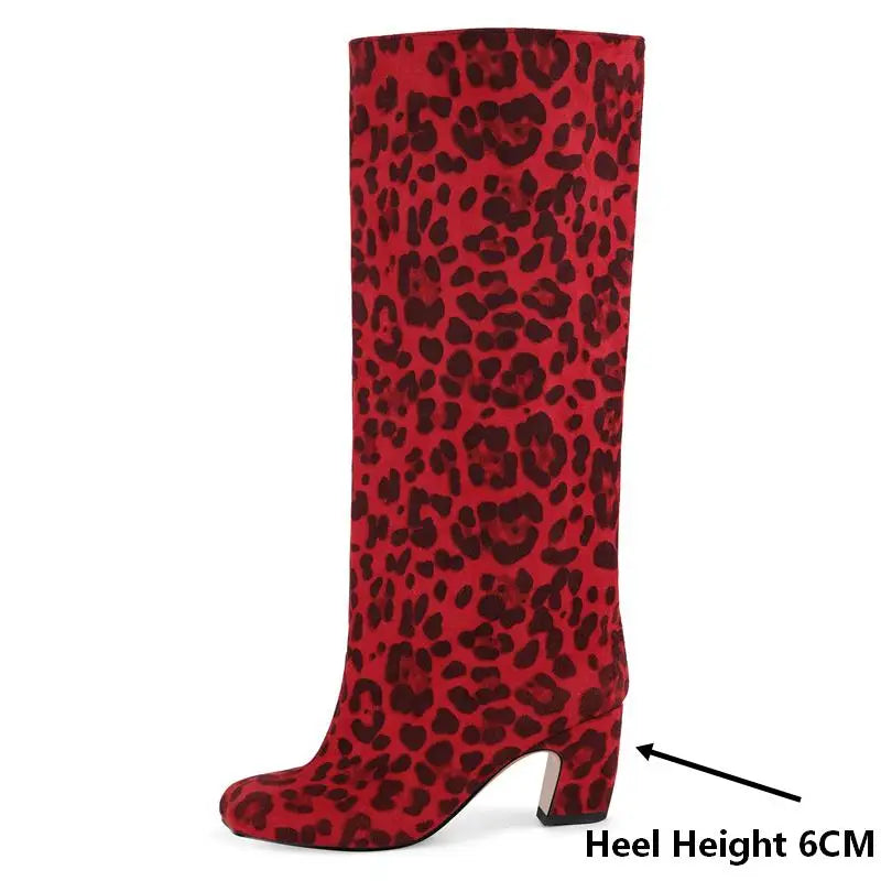 Onlymaker Square Toe Leopard Faux Suede Leather Knee-high Boots Chunky Heel Autumn Solid Slip On Fashion Elegant Boots