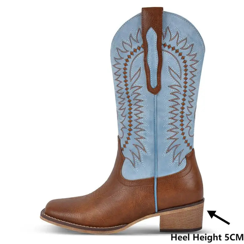 Women Square Toe Western Cowboy Boots  Embroidered Mid--Calf  Block Heel Fashionr Cowgirl Boots