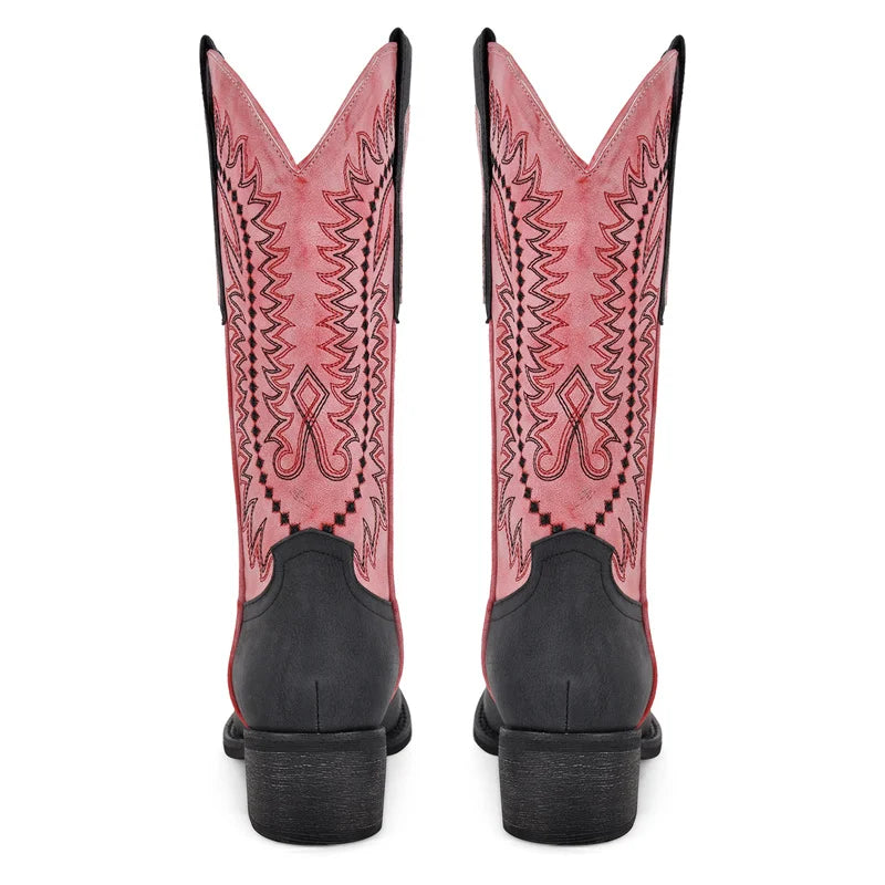 Women Square Toe Western Cowboy Boots  Embroidered Mid--Calf  Block Heel Fashionr Cowgirl Boots