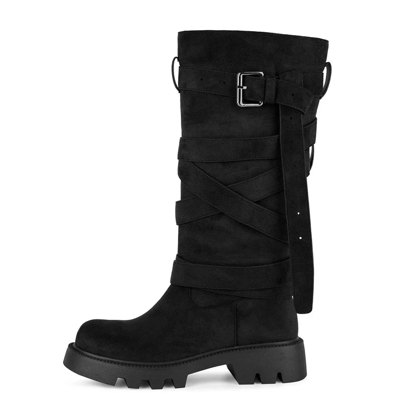 Onlymaker Round Toe Brown Faux Suede Leather  Buckle Strap Mid-Calf Boots  Autumn Solid Side Zipper Fashion Elegant Boots