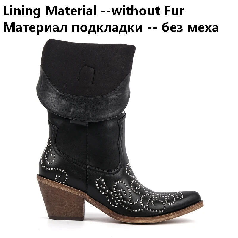 Onlymaker Women Pointed Toe Rivet Knee High Western Cowgirl Chunky Heel Embroidery Pull On Cowboy Boots