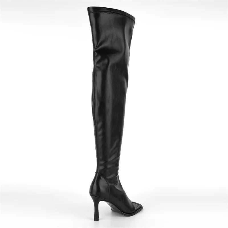 Onlymaker Women Square Toe Over knee Boots  Side Zipper Heel High Sexy Thigh Boots