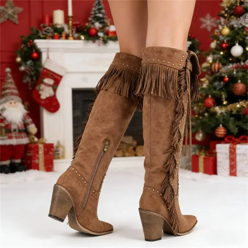 Onlymaker Women Pointed Toe  Fringe Rivet Brown Faux Suede leather Knee High Boots Vintage Side Zipper Fringe boots