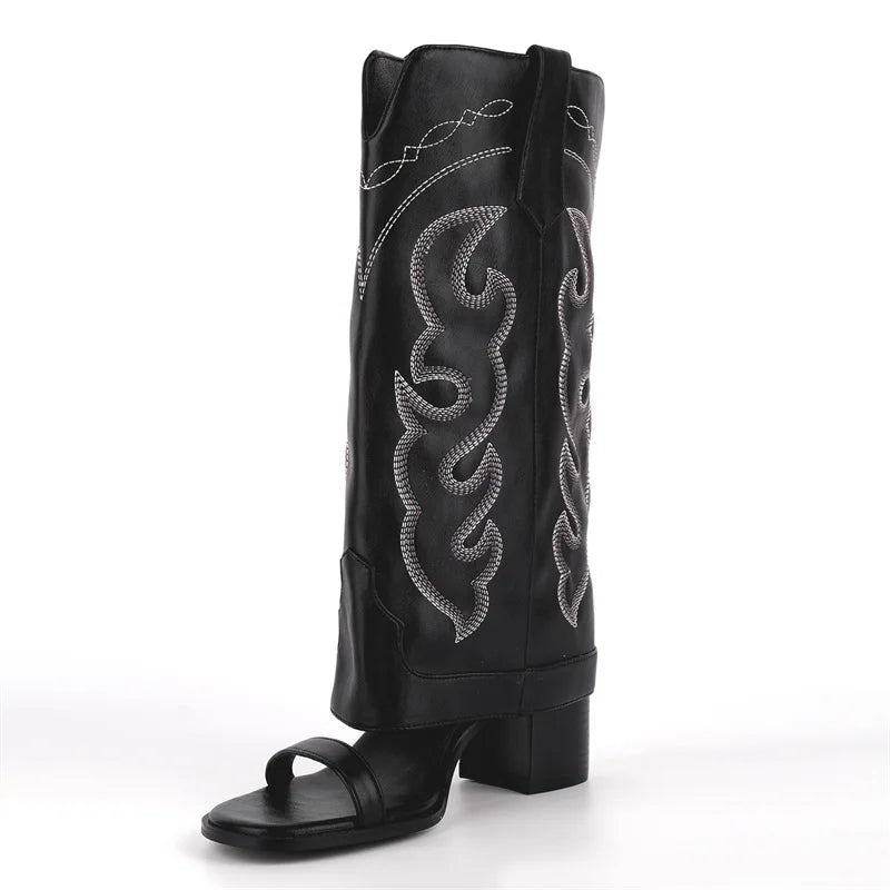 Onlymaker Women Open Toe Embroidery Chunky Heel Mid-Calf Bootie Sandals Folded Over Boots