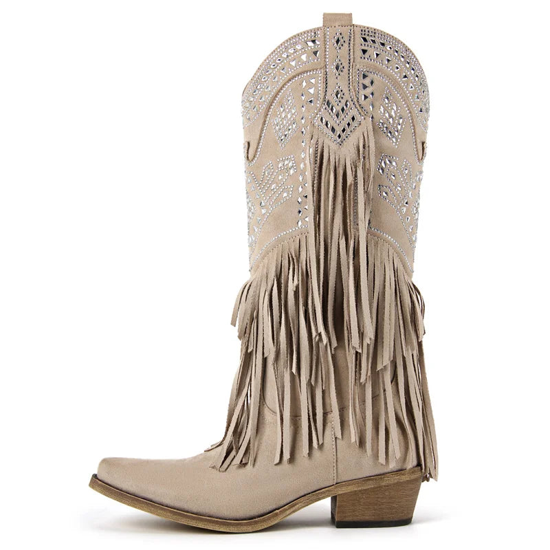 Onlymaker Women Pointed Toe Fringe Pull On Retro Western Cowgirl Boots Fringed Chunky Heel Embroidery Cowboy Boots