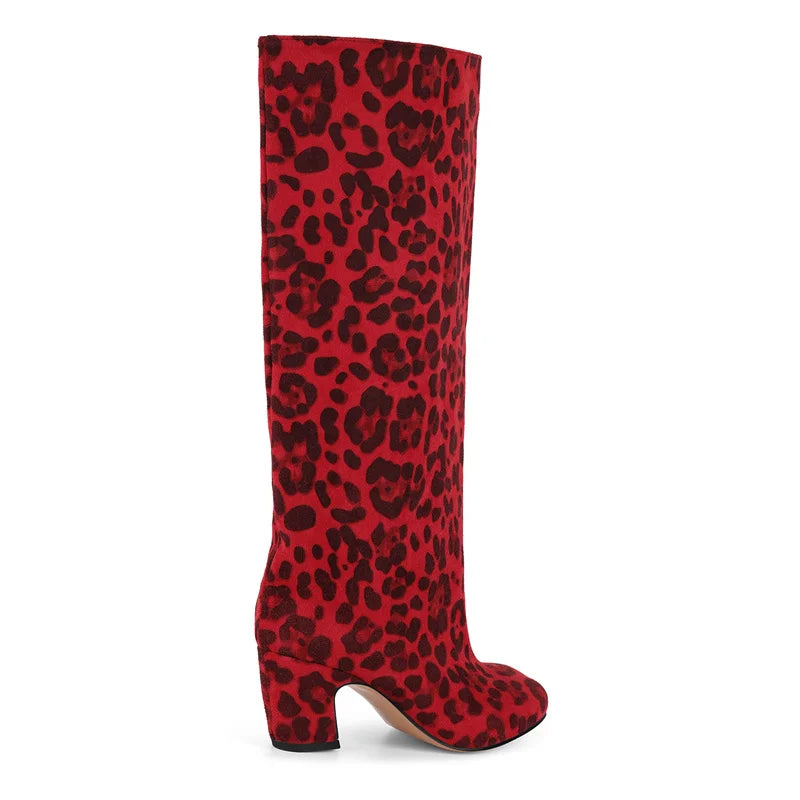 Onlymaker Square Toe Leopard Faux Suede Leather Knee-high Boots Chunky Heel Autumn Solid Slip On Fashion Elegant Boots