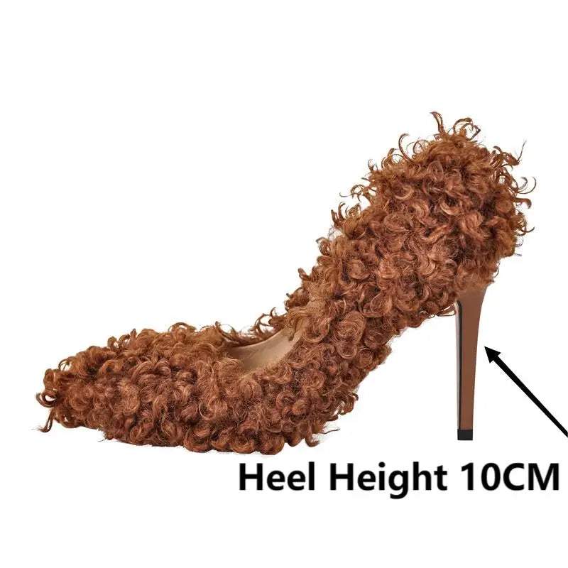 Women Pumps Brown Faux Fur  Pointed Toe 10CM Slip-On Thin Heels Party Wedding Office Lady Big Size Shoes
