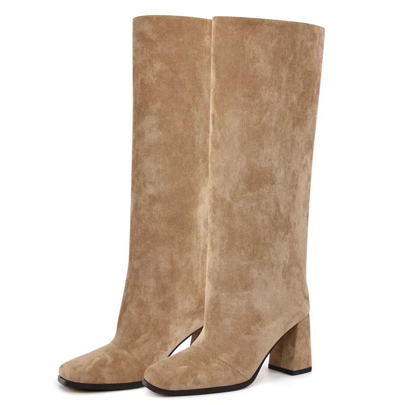 Onlymaker Square Toe Faux Suede Leather Knee-high Boots Chunky Heel Shoes Autumn Solid Slip On Fashion Elegant Boots