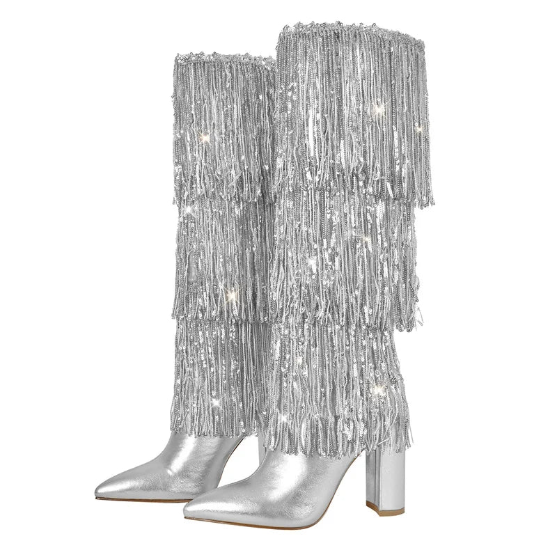 Onlymaker Women Pointed Toe  Sliver Fringe Metallic Slim  Knee Boots  Sexy Dance Chunky  Heel Boots