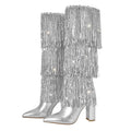 Onlymaker Women Pointed Toe  Sliver Fringe Metallic Slim  Knee Boots  Sexy Dance Chunky  Heel Boots