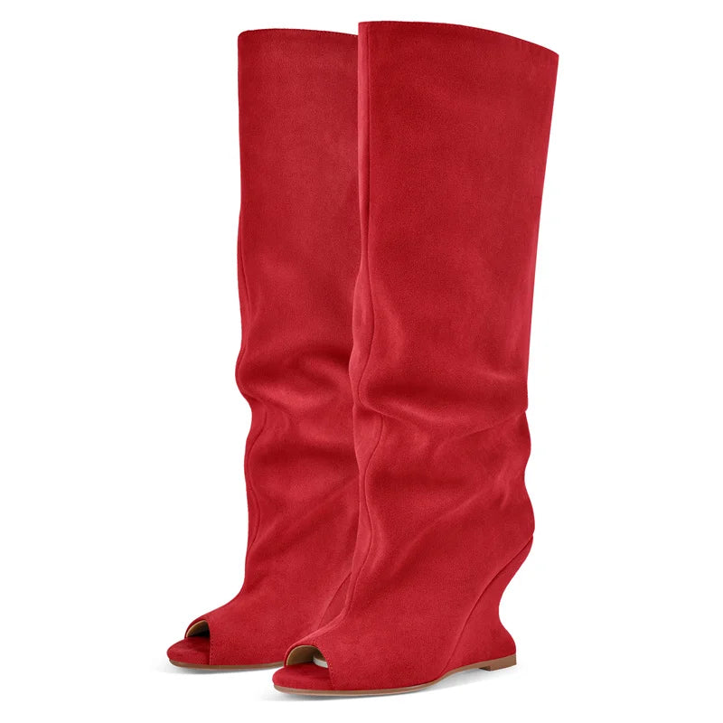 Onlymaker Women Peep Toe Wedge Flock Fashion Chunky Boots